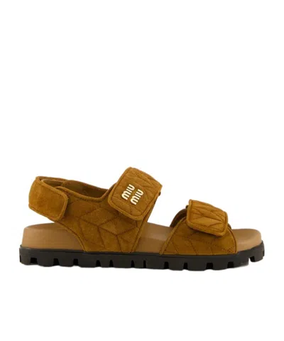 Miu Miu Sporty Quilted Double-strap Sandals In Brown