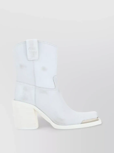 Miu Miu Square Toe Leather Boots In White