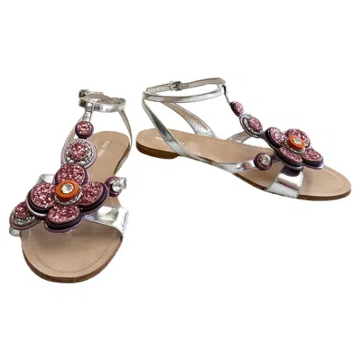 Pre-owned Miu Miu Ss16 Silver Glitter Floral Jeweled Sandals Size 38.5 In Brown
