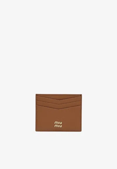 Miu Miu Stamped Logo Cardholder In Cognac