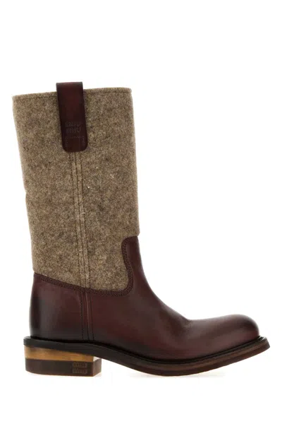 Miu Miu Two-tone Felt And Leather Mini Boots For Women In Brown