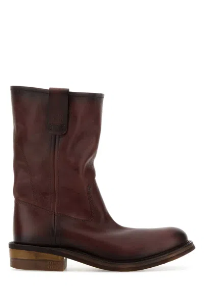 Miu Miu Foule Used Leather Ankle Boots In Brown