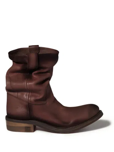 Miu Miu Foule Aged Look Leather Booties In Brown