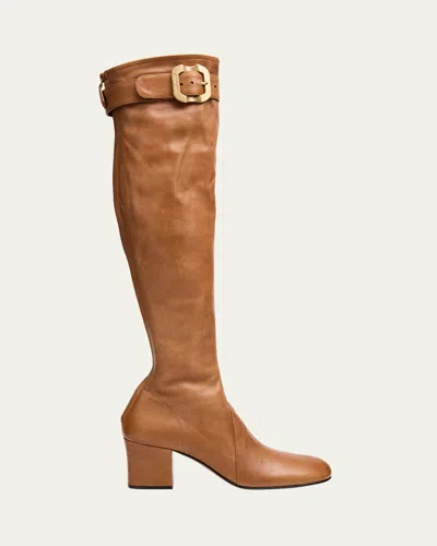 Miu Miu Stivali Stretch Leather Buckle Over-the-knee Boots In Brown