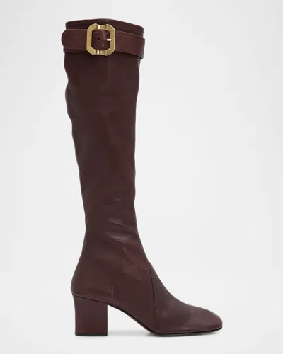 Miu Miu Stivali Stretch Leather Buckle Over-the-knee Boots In Burgundy
