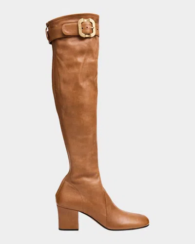 Miu Miu Stivali Stretch Leather Buckle Over-the-knee Boots In Brown