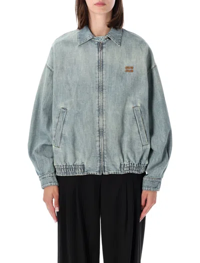 Miu Miu Stonewashed Chambray Oversized Blouson Jacket With Shirt-style Collar In Blue