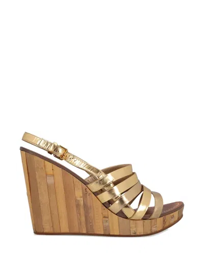 Pre-owned Miu Miu Strap Wooden Wedge Sandals In Gold