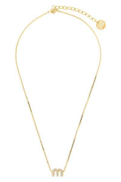 Miu Miu Strass Logo Necklace In Gold