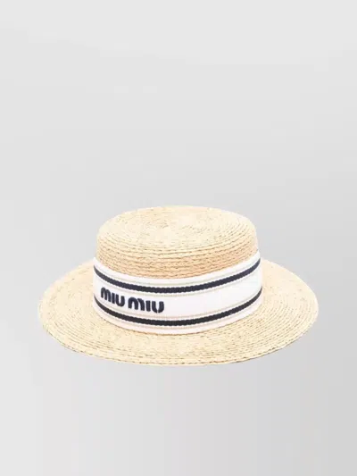 Miu Miu Straw Hat With Striped Band And Wide Brim