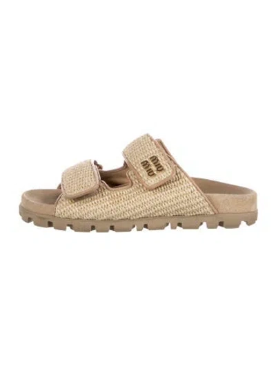 Pre-owned Miu Miu Straw Leather Trim Embellishment Slides In Neutrals