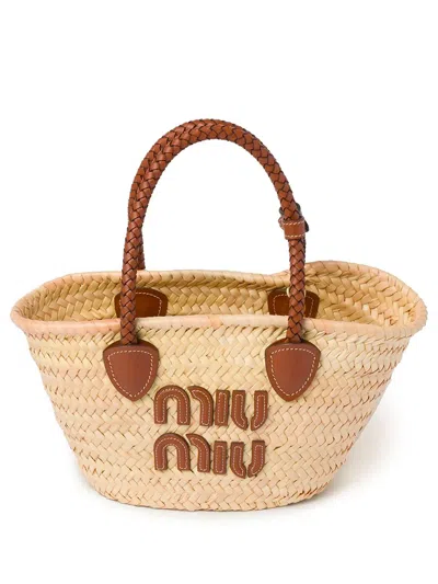 Miu Miu Straw Tote Bag With Leather Trim In Neutral