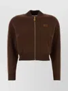 Miu Miu Stretch Cashmere Blend Cardigan With Ribbed Cuffs And Hem In Brown