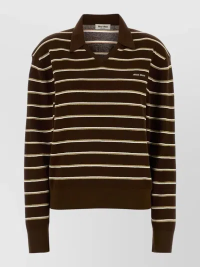 Miu Miu Embroidered Stretch Cotton Blend Polo Shirt In Brown