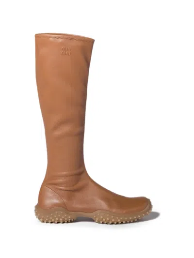 Miu Miu Stretch Nappa Leather Boots In Brown