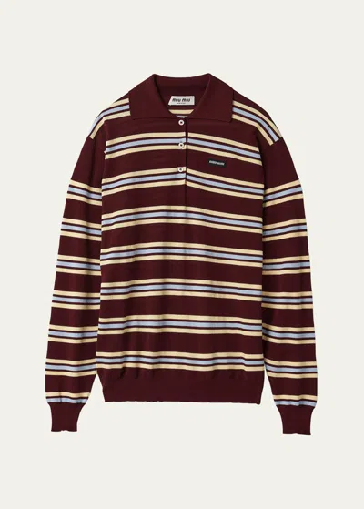 Miu Miu Stripe Knit Polo Sweater In F0399 Amaranto