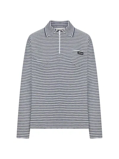 Miu Miu Stripe Motif Pointelle Knit Polo Shirt In White