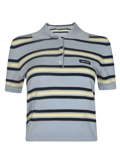 Miu Miu Logo Appliqué Striped Knitted Polo Shirt In Sky Blue