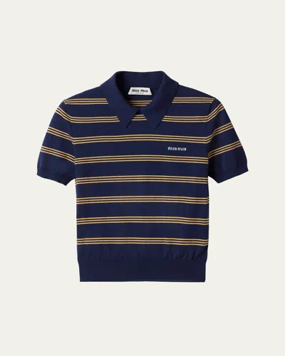 Miu Miu Stripe Short-sleeve Polo Cashmere Silk Sweater In F0008 Bleu