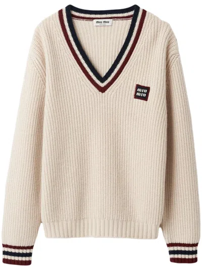 Miu Miu Stripe-trim Cashmere Jumper In Nude