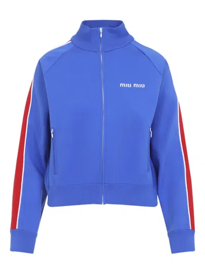 Miu Miu High Collar Cardigan Long Sleeves Stripes In Blue