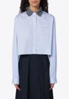 Miu Miu Women Striped Cotton Shirt With Contrast Collar In Light Blue