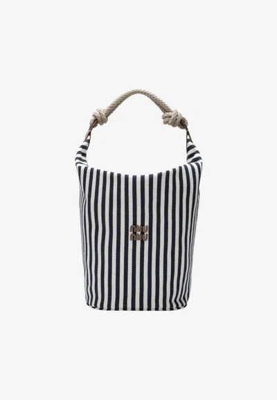 Miu Miu Striped Canvas Bucket Bag In Blue