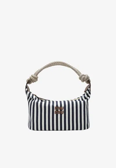 Miu Miu Striped Canvas Shoulder Bag In Blue