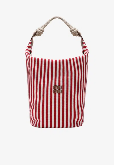 Miu Miu Striped Canvas Shoulder Bag In Red