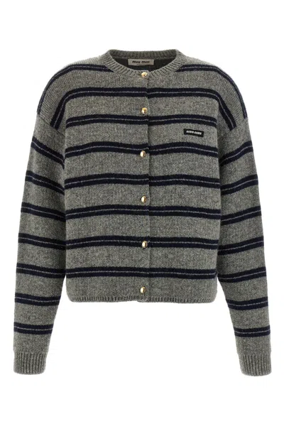 Miu Miu Striped Cardigan In Gray