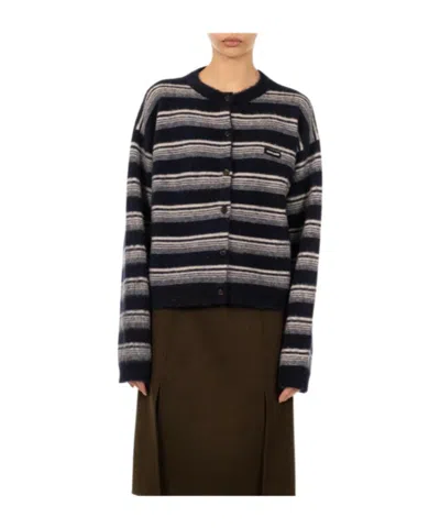 Miu Miu Striped Cardigan Sweater In Black