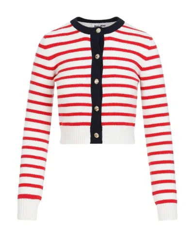 Miu Miu Striped Cashmere Cardigan In White