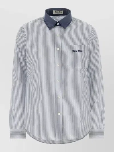 Miu Miu Striped Contrast Collar Shirt In Blue