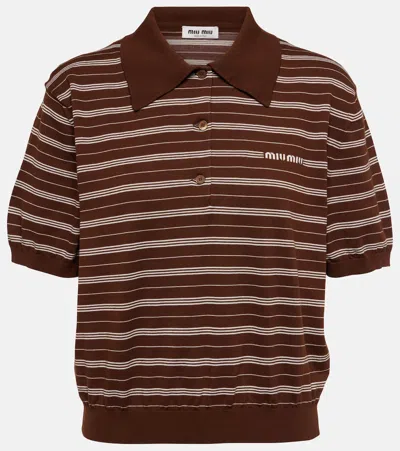 Miu Miu Striped Cotton-blend Polo Shirt In Brown