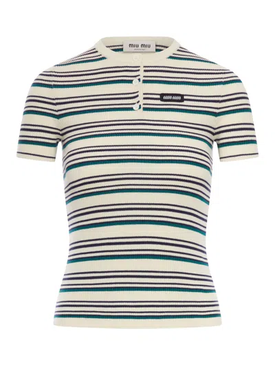 Miu Miu Crew Neck Knit Top Buttons Stripes Ribbed In Green