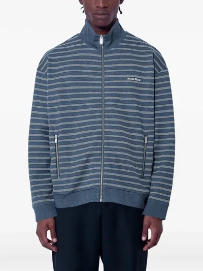 Miu Miu Striped Cotton Fleece Jacket In Blau