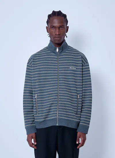 Miu Miu Striped Cotton Fleece Jacket In Blue