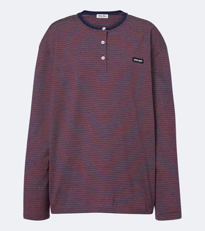 Miu Miu Embroidered Cotton Long Sleeve Lounge T-shirt In Burgundy