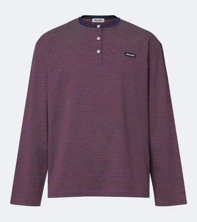 Miu Miu Striped Cotton Jersey Henley Shirt In Purple