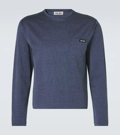 Miu Miu Striped Cotton Jersey Jacquard T-shirt In Blue