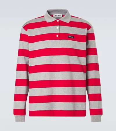 Miu Miu Striped Cotton Jersey Polo Shirt In Red