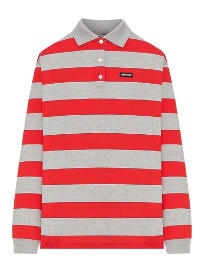 Miu Miu Striped Cotton Jersey Polo Shirt With Logo Patch In Gray