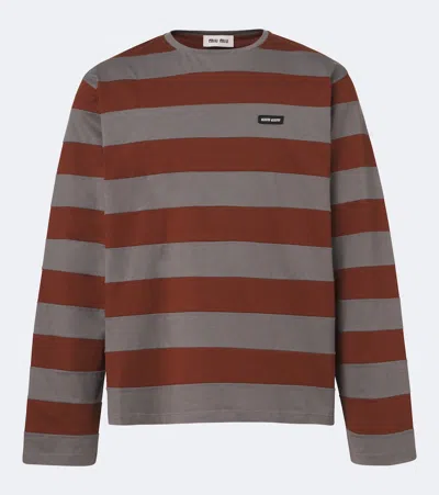 Miu Miu Striped Cotton Jersey T-shirt In Gray