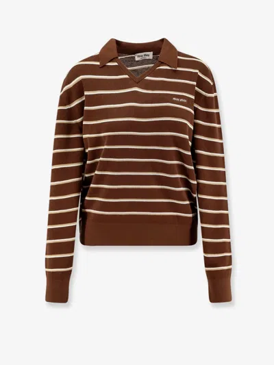 Miu Miu Striped Cotton Polo Shirt In Brown