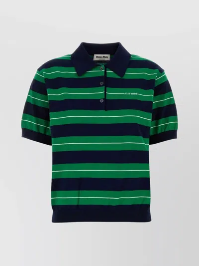 MIU MIU STRIPED COTTON POLO SHIRT EMBROIDERED