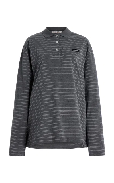 Miu Miu Striped Cotton Polo Shirt In Grey