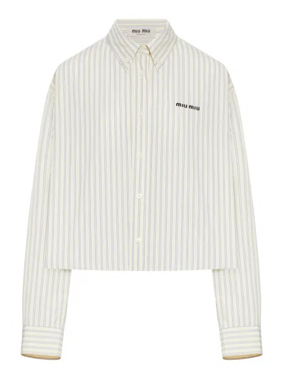 Miu Miu Striped Cotton Poplin Crop Shirt With Logo In Blue