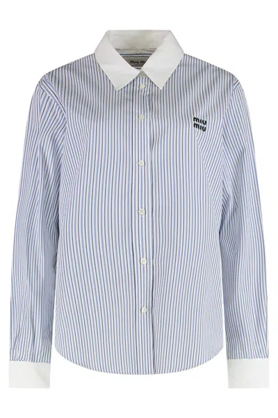 Miu Miu Striped Cotton Shirt In Blue