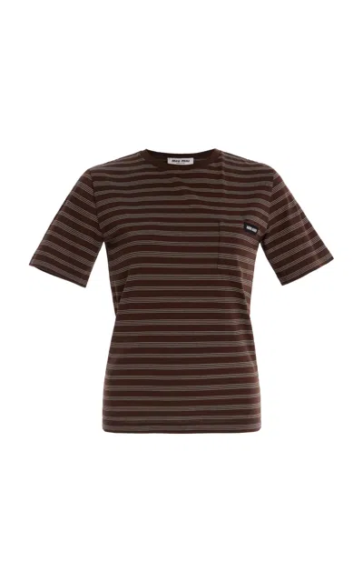 Miu Miu Striped Cotton T-shirt In Brown