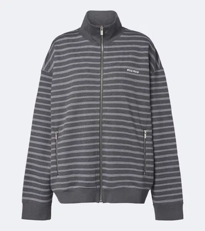 Miu Miu Striped Cotton Zip-up Sweatshirt In Grey
